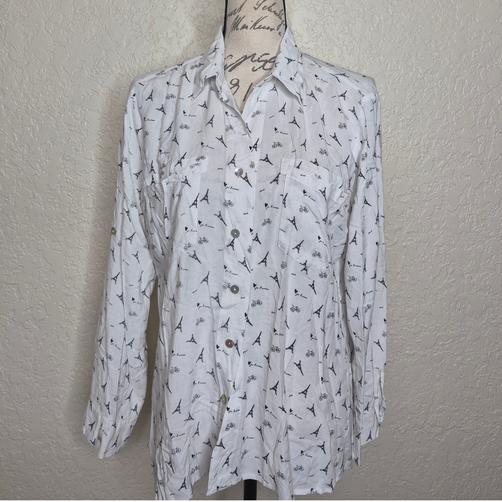 Just Living Paris Eiffel Tower Print Button Down Shirt White Long Sleeve Small